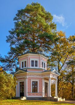 Pavilion on the island of anti Circe in the Sofievsky arboretum or Sofiyivsky Park in Uman, Ukraine, on a sunny autumn day