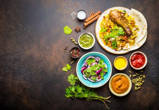 Assorted traditional Indian dishes, a top view of biryani chicken with basmati rice, naan bread, different appetizers, dips and chutney, on rustic stone background. Indian style dinner, space for text.