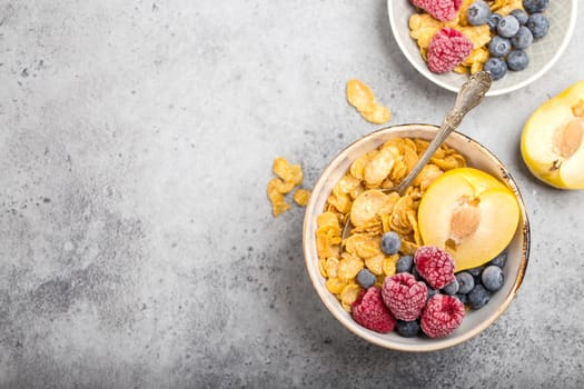 Healthy breakfast bowl, cereals, fresh fruit, berries on table. Clean eating, diet concept. Top view. Healthy bowl with cereals, raspberries, blueberries, plum. Space for text. Selective focus.