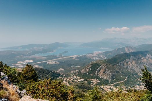 Beautiful nature mountains landscape. Kotor bay, Montenegro. Views of the Boka Bay, with the cities of Kotor and Tivat with the top of the mountain, Montenegro.