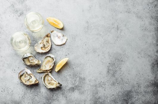 Close-up of half dozen of fresh opened oysters and shells with lemon wedges, two glasses of white wine or champagne, top view, grey rustic concrete background, space for text. Romantic or celebration.