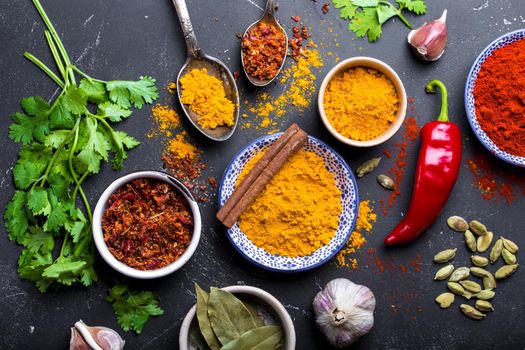 Set of Indian food cooking ingredients. Traditional Indian assorted spices and herbs. Curry, turmeric, cardamom, garlic, pepper, cilantro, cinnamon. Preparing exotic meal. Top view, close up