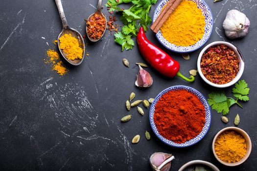 Set of Indian food cooking ingredients. Traditional Indian assorted spices and herbs. Curry, turmeric, cardamom, garlic, pepper, cilantro, cinnamon. Preparing exotic meal. Top view, close up