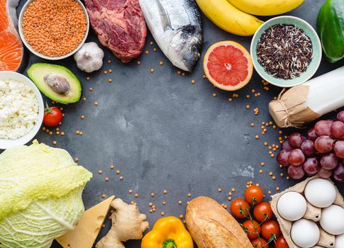 Healthy nutrition concept. Balanced healthy diet food background. Meat, fish, vegetables, fruit, beans, dairy products. Space for text. Top view. Cooking ingredients. Organic food. Clear eating.