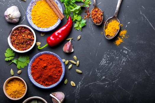 Set of Indian food cooking ingredients. Traditional Indian assorted spices and herbs. Curry, turmeric, cardamom, garlic, pepper, cilantro, cinnamon. Preparing exotic meal. Top view, close up