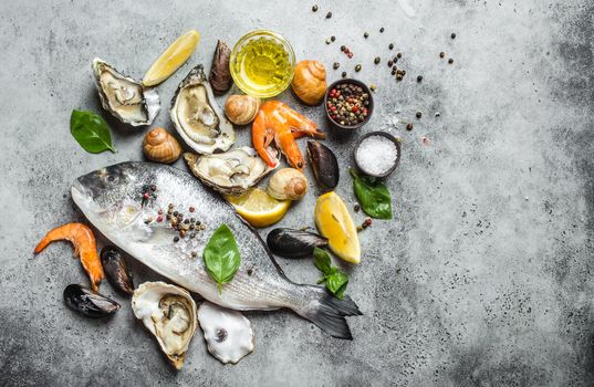 Fresh raw fish Dorado, oysters, shrimps, clams, mussels, shells with lemon, olive oil, herbs on grey stone rustic background, top view, space for text. Cooking fish and seafood, copy space