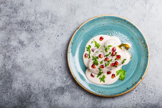 Top view of chiles en nogada, traditional festive dish on Mexican Independence Day. Peppers chili with walnut sauce, appetizer usual for Mexico, for celebration and grand food fiesta. Space for text