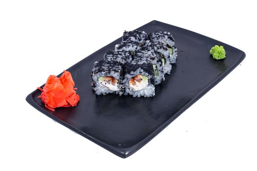 Japanese Cuisine - Sushi Roll with Shrimps and Conger, Avocado, Tobiko and Cheese. sushi rolls tempura,japanese food style