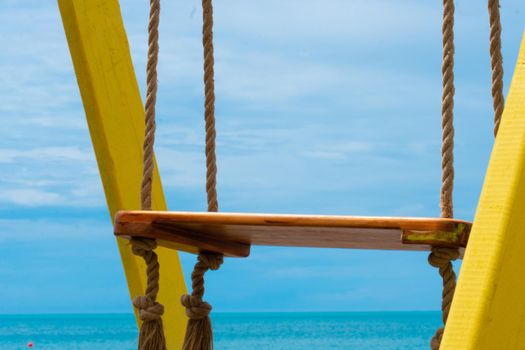 Swing space sea water wooden empty summer beach white sand, for relax blue from horizontal from tourism trip, tranquil swim. Copy horizon journey, shadow