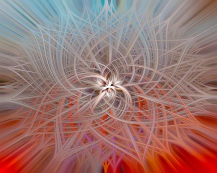 Abstract design with leaf-like radial arms, red, blue, and gray colors.