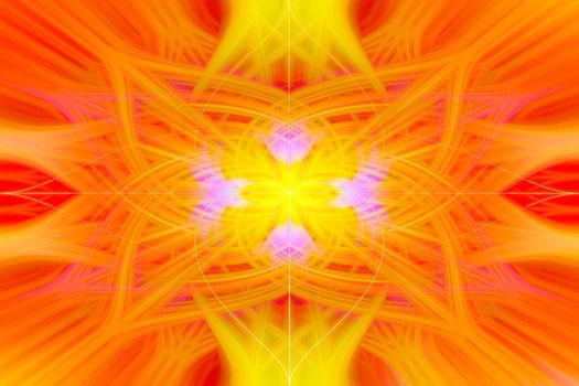 Abstract design of a folded pattern with red; orange, yellow, and purple colors.