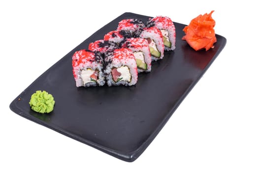 Japanese Cuisine - Sushi Roll with Shrimps and Conger, Avocado, Tobiko and Cheese. sushi rolls tempura,japanese food style