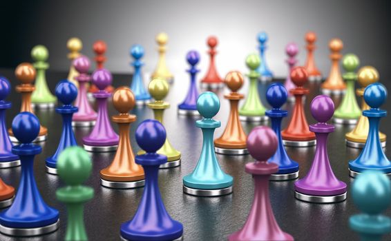 many pawns with different colors over black background. concept of social mixity or cultural diversity.