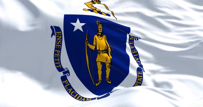 The US state flag of Massachusetts waving in the wind. Massachusetts is the most populous state in the New England region of the United States. Fabric texture background.