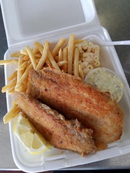 Fried Mahi Mahi Plate with french fries, mac salad, lemon, and tater sauce in styrofoam plate on metal table.