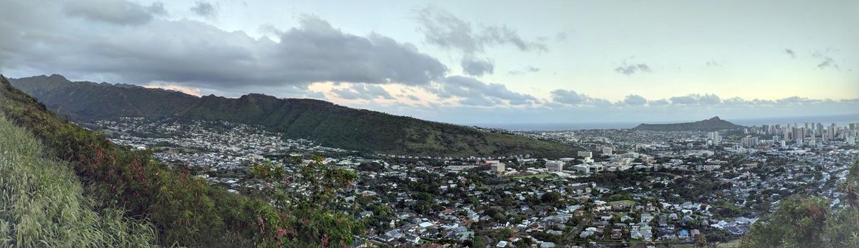 Diamondhead and the city of Honolulu, Kaimuki, Kahala, and oceanscape on Oahu on a nice dayviewed from high in the mountains with tall trees in the foreground.