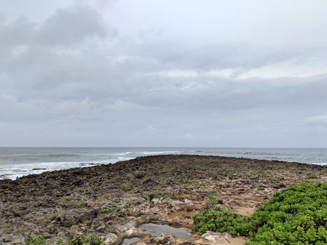 Rocky shoreline with napaka leading to the Pacific ocean on the North Shore of Oahu, Hawaii.