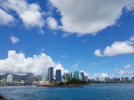 Kewalo Basin point in Honolulu with construction cranes, and surrounding condos on a beautiful Oahu, Hawaii day.  Taken on May 20, 2017,