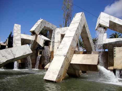 San Francisco - April 5, 2010: Vaillancourt Fountain, sometimes called Quebec libre!, is a large fountain located in Justin Herman Plaza in San Francisco, designed by the Québécois artist Armand Vaillancourt in 1971.