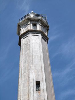 Old Lighthouse on Alcatraz Island on a clear day.