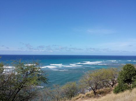 Ocean view from Diamond Head Lookout with waves rolling towards shore and tree on hillside on Oahu, Hawaii on a Beautiful day.             