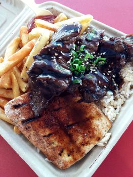 Mauka - Makai: BBQ Kalbi AND Ono with rice and french fries on a biodegradable Container plate.