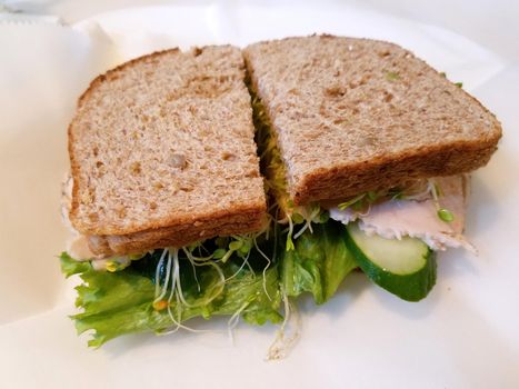 Turkey Sandwich with bread, lettuce, cucumber, and sprouts.