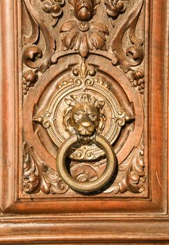 Beautiful carved wooden door and vintage lion face shaped knocker in Spain