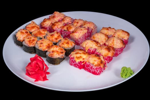 Japanese Cuisine - Sushi Roll with Shrimps and Conger, Avocado, Tobiko and Cheese. sushi rolls tempura,japanese food style