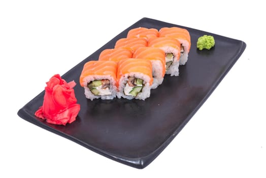 Japanese Cuisine - Sushi Roll with Shrimps and Conger, Avocado, Tobiko and Cheese. sushi rolls tempura,japanese food style