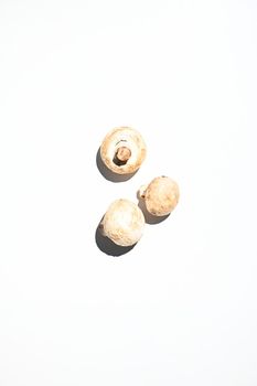 Vertical studio shot. Edible raw mushrooms champignons, isolated on a white background with copy space for advertising text or web banner. Top view. Flat lay. Still life. Food composition. Vegan