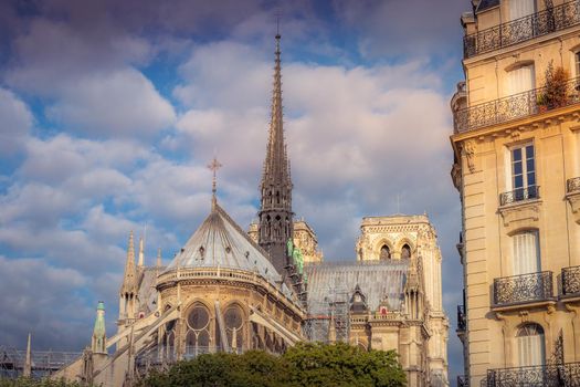 Notre Dame of Paris spire, columns and archs, back view details, France