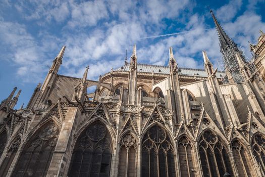 Notre Dame of Paris columns and archs, side view details, France