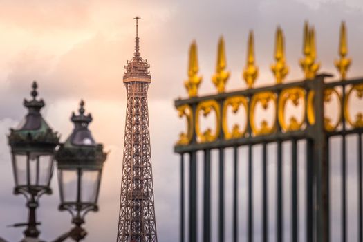 Eiffel tower framed by Place de la Concorde gates, Paris, France