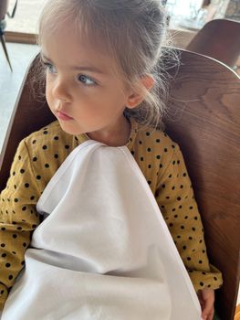 Little girl with a napkin tucked into her collar sits in a restaurant. High quality photo