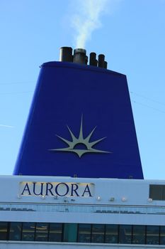 Velsen, The Netherlands - May, 31st 2017: Aurora P&O Cruises on North Sea Channel, detail of funnel