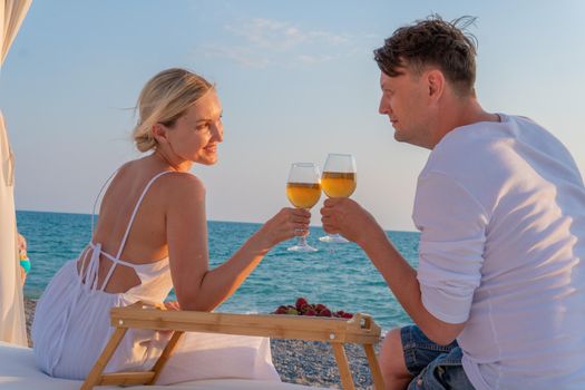 Girl wine guy together romantic sea restaurant rest copyspace summer, for cold var for glass from relax nature, sky outdoors. Food concept luxury,