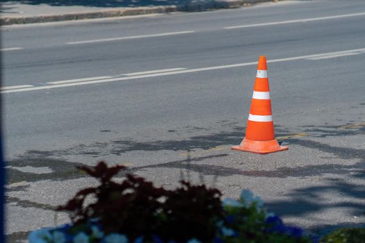 Traffic road orange background safety cone street work car asphalt, for construction attention in stop for white site, repair single. Ground copy dividing,
