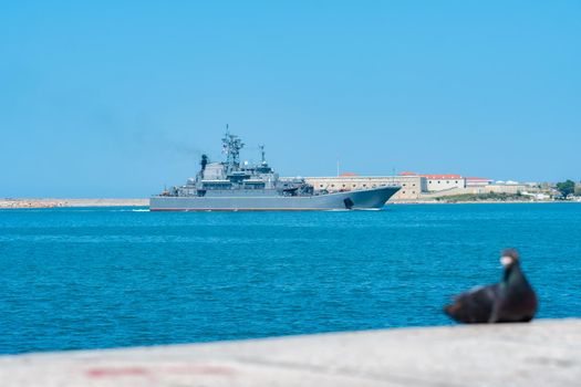 RUSSIA, CRIMEA - JUL 08, 2022: Russian navy russia group military sevastopol day sky sailing battleship, for black ship for battle from harbor outdoor, security dock. Destroyer federation missile,