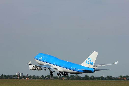 Amsterdam, the Netherlands  -  June 2nd, 2017: PH-BFR KLM Royal Dutch Airlines Boeing 747-400M taking off from Polderbaan Runway Amsterdam Airport Schiphol