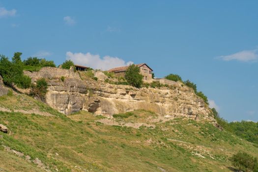 Ancient cave bakhchisaray chufut road city crimea medieval kale monument, concept sunny sky from tourism for travel cloudy, autumn landmark. Town outdoors moutain,