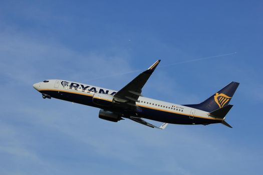 Amsterdam, the Netherlands  -  June 2nd, 2017: EI-FZX Ryanair Boeing 737-800 taking off from Polderbaan Runway Amsterdam Airport Schiphol