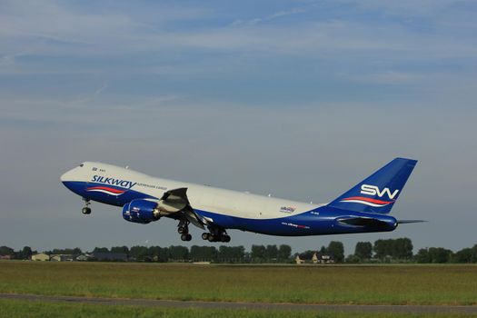 Amsterdam, the Netherlands  -  June 2nd, 2017: VQ-BVB Silk Way West Airlines Boeing 747 taking off from Polderbaan Runway Amsterdam Airport Schiphol