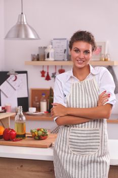 Smiling woman in the kitchen, isolated on christmas background