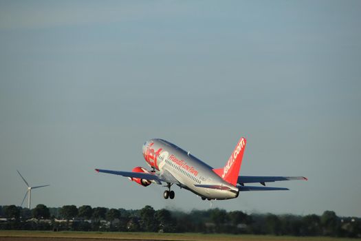 Amsterdam, the Netherlands  - June 1st, 2017: G-CELY Jet2 Boeing 737-300 taking off from Polderbaan Runway Amsterdam Airport Schiphol