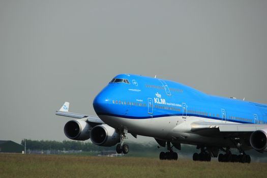 Amsterdam, the Netherlands  -  June 2nd, 2017: PH-BFW KLM Royal Dutch Airlines Boeing 747-400M taking off from Polderbaan Runway Amsterdam Airport Schiphol