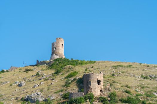 Crimea flying balaklava bay fortress cembalo balaclava mountain panorama scenic, concept sky summer from sevastopol and harbor boat, europe background. Ship stone panoramic,