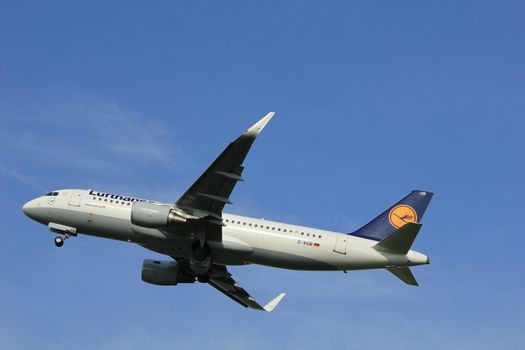 Amsterdam, the Netherlands  -  June 2nd, 2017: D-AIUB Lufthansa Airbus A320 taking off from Polderbaan Runway Amsterdam Airport Schiphol