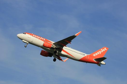 Amsterdam, the Netherlands  -  June 2nd, 2017: G-EZPB easyJet Airbus A320 taking off from Polderbaan Runway Amsterdam Airport Schiphol