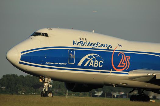 Amsterdam, the Netherlands  - June 1st, 2017: VQ-BUU AirBridgeCargo Boeing 747-400F taking off from Polderbaan Runway Amsterdam Airport Schiphol